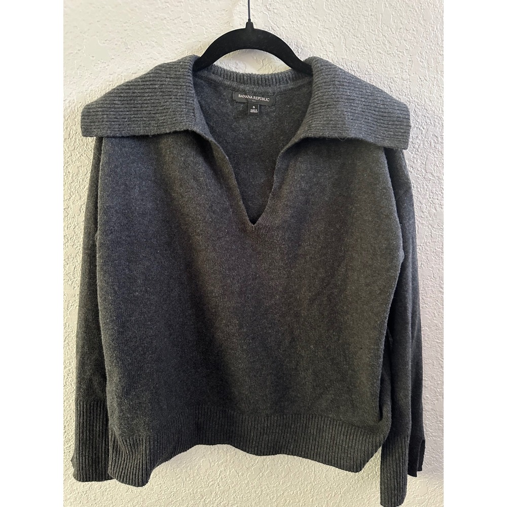 Banana Republic Gray V-Neck Polo Sweater Wide Collar Cotton Wool Blend S 768476